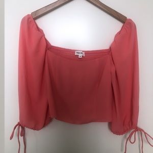 Coral Long Sleeve Crop Top Blouse with Ties